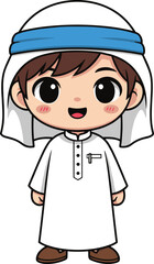 Cute cartoon little Arab boy wearing traditional white thobe and ghutra with blue headband, happy smiling young Muslim child character illustration