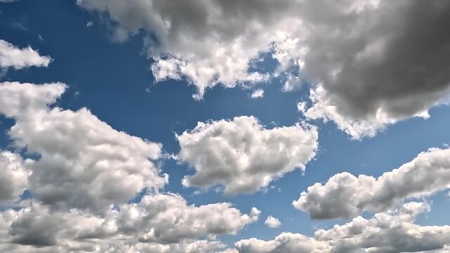 Magnificent endless clouds in the blue sky float to the right. 4K video (Ultra High Definition) of cloudscape and bright sun. Sky and clouds Timelapse.