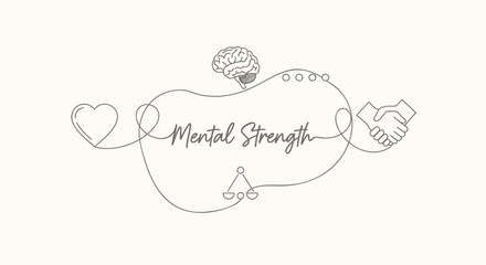 Mental strength concept with brain, heart, handshake and yoga icon, motivational quote, vector line art illustration for poster or social media