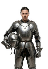 Obraz premium Female knight in plate armor holding helmet isolated. Fantasy warrior concept.
