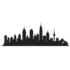 Fototapeta premium Panoramic black silhouette of a sprawling city skyline featuring varied buildings and iconic landmarks, symbolizing urban life and global cities.