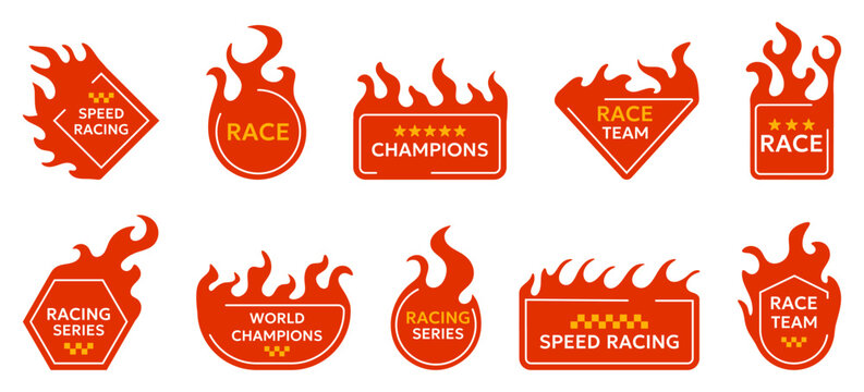 Racing flame badges collection with speed and championship labels. Motorsport emblems in bold flat style