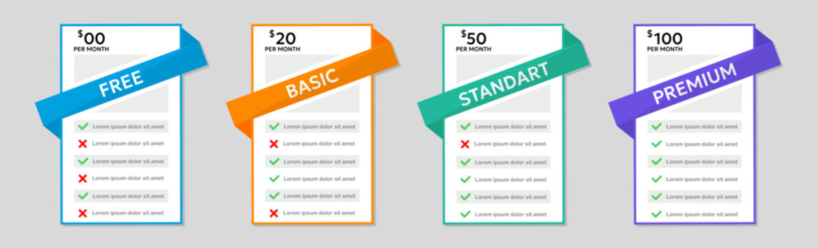 Pricing plans comparison cards with free basic standard and premium options. Subscription pricing table design in flat style