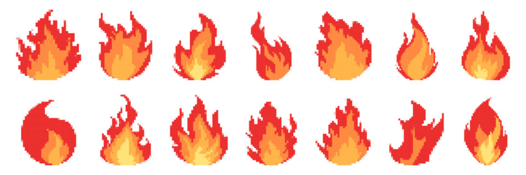 Pixel fire animation frames collection with different flame shapes. Retro game fire elements in eight bit style