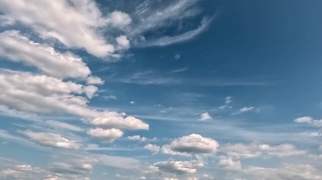Fluffy clouds in the blue skies mooving forvard. 4K video (Ultra High Definition) of cloudscape. Sky and clouds Timelapse. Sun shines through the clouds on the blue sky background.