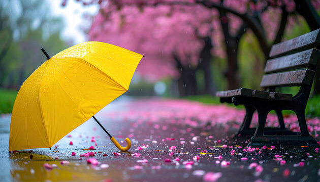 Ombrello giallo bagnato sotto la pioggia in un parco primaverile con ciliegi in fiore e petali a terra. Generative AI 