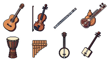 Fototapeta premium Pixel art musical instruments collection: strings, percussion, and wind display