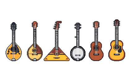 Naklejka premium Pixel art string instruments collection: mandolin, balalaika, banjo, acoustic guitar
