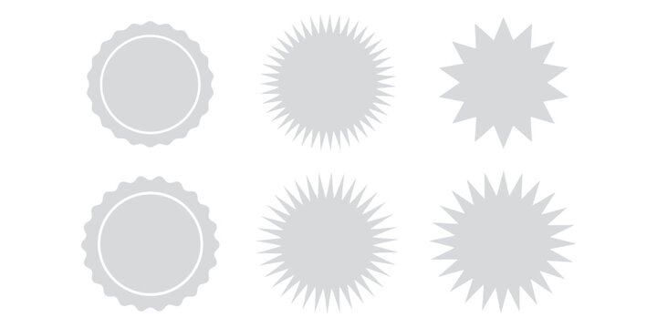 Vector set of grey starburst shapes and promotional seals, collection of blank spiky price tags and quality guarantee labels for marketing design.