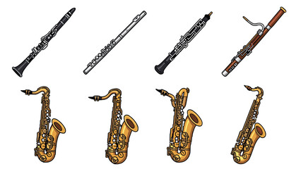 Collection of woodwind and brass instruments in cartoon style