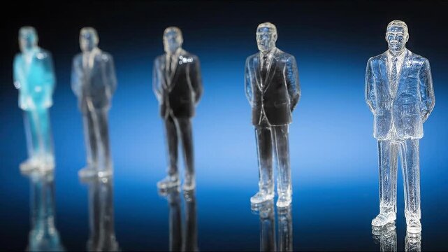 Translucent role figures shift responsibility through gradual internal transitions in a dynamic organizational allocation system.