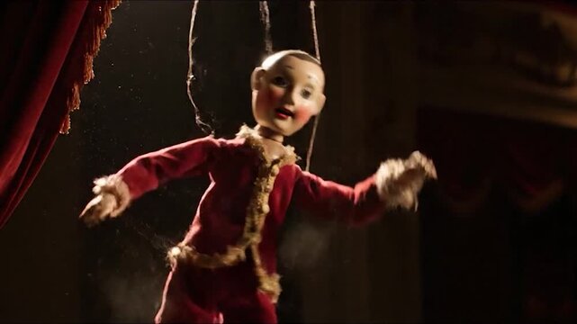 Vintage Marionette Puppet Performing on Stage with Dramatic Lighting.