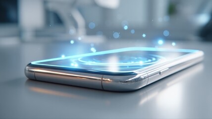 Smartphone displaying futuristic technology interface with glowing circles, representing advanced connectivity and digital interaction