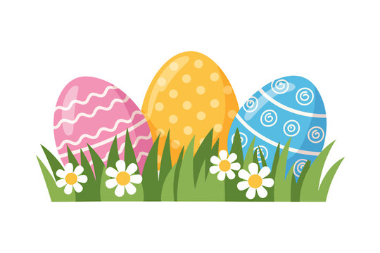 Colorful Easter eggs in grass with white flowers isolated on transparent background