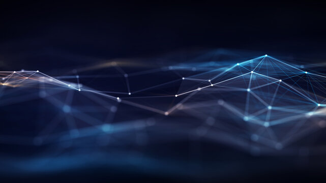 Futuristic Digital Landscape Featuring Blue Neural Network Lines.  Abstract Background Represents Cloud Computing, Fiber Optic Data Flow, Big Data, Analytics And Advanced AI Connectivity.