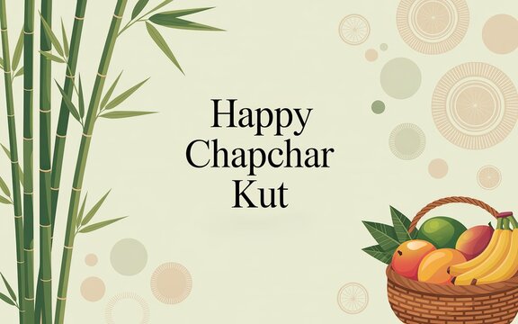 Happy Chapchar Kut festival greeting background featuring green bamboo and fresh fruit basket vector