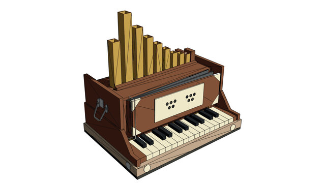 Vintage harmonium with keyboards and pipes in isometric design