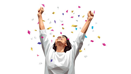 Celebration with dynamic geometric design featuring a happy person and colorful confetti