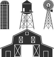 Farm Silo Water Tower and Windmill Silhouettes on White Background illustration © It's Sahed