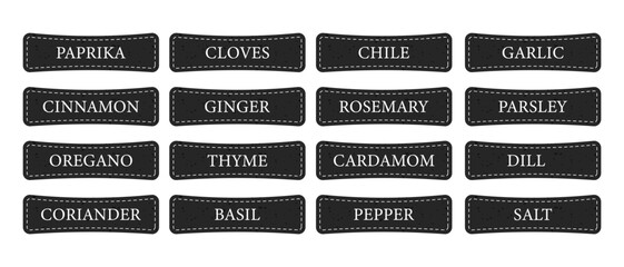 Set of black spice label stickers with white lettering. Names of herbs and seasonings for kitchen jars, packaging and menu design. © miss LEMON