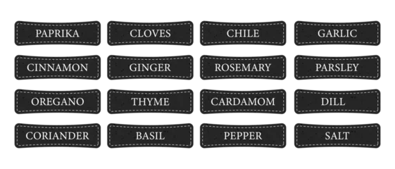 Set of black spice label stickers with white lettering. Names of herbs and seasonings for kitchen jars, packaging and menu design. © miss LEMON