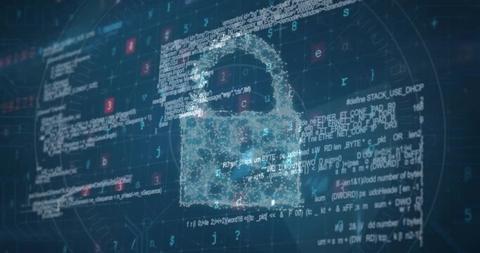 Animation of security padlock over data processing on dark background