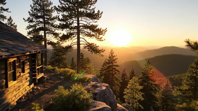 Rustic log cabin perched on mountain cliff at sunset. Cozy woodland retreat amid pine trees and glowing horizon. Cabincore scene of serene forest escape with warm evening light.