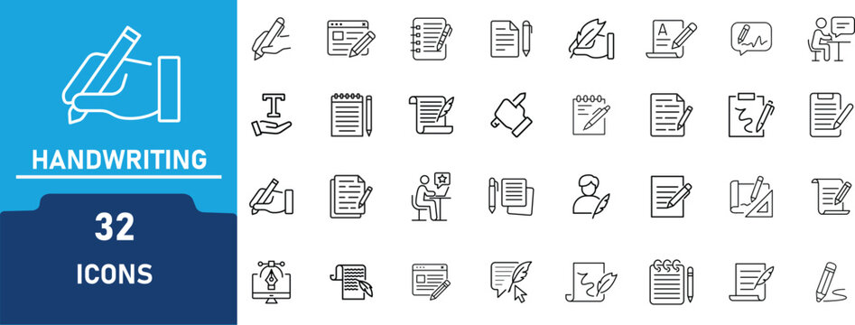 Handwriting and Writing Process Line Icons Set &ndash; Pen, Notes, Documents, Signature, Education Symbols Outline Icons. Editable Stroke Vector Collection