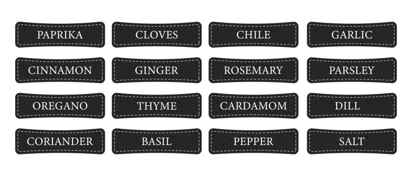 Set of black spice label stickers with white lettering. Names of herbs and seasonings for kitchen jars, packaging and menu design.