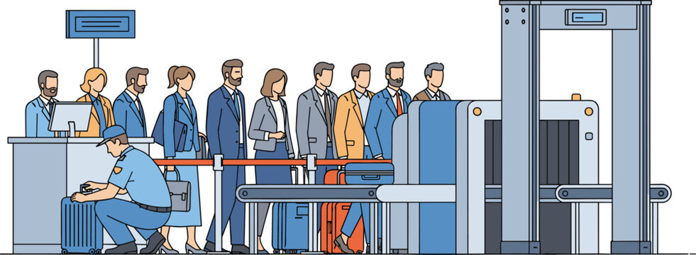 Vector illustration of passengers in business suits waiting in line for airport security checkpoint with luggage scanners and metal detector gate