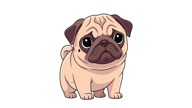 Adorable pug puppy cartoon character standing on white background for pet lovers and veterinary services vector illustration.