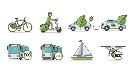 Fototapeta premium Eco-Friendly Transport Icons Set: Electric Vehicles, Sustainable Mobility, and Green Energy Transportation Collection