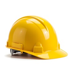 Fototapeta premium Bright yellow safety helmet or hard hat resting on a white background in a studio setting