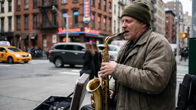 Street musician playing saxophone in urban setting with cars and pedestrians moving in background. Man performs jazz music for passersby.