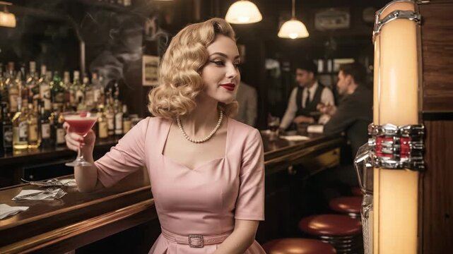 Retro Woman in Pink Dress Sips Cocktail at Bar with Jukebox