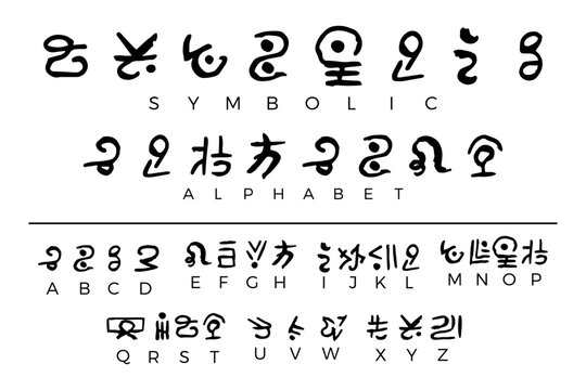 Alien Letters Alphabet Symbols Foreign Signs. Alien hieroglyphs Сipher. Set of Unreadable Alien Alphabet Letters. A-Z signs. Unknown alphabit. Graphic Design  for stickers, logo, web and mobile app.