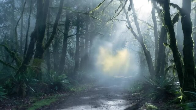 Misty forest path with ethereal light rays and glowing fog, atmospheric nature scene for fantasy or mysterious concepts.