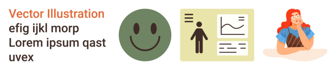 Obraz premium Emotional well-being, data analysis, user interface, mental health, teamwork, productivity. A happy face, data chart and thoughtful woman appear. Emotional well-being and data analysis concept