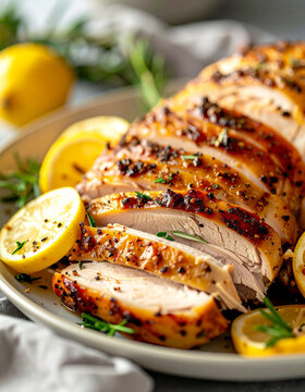 Golden roasted turkey meat with crispy skin, slices arranged neatly on dish, garnished with fresh herbs