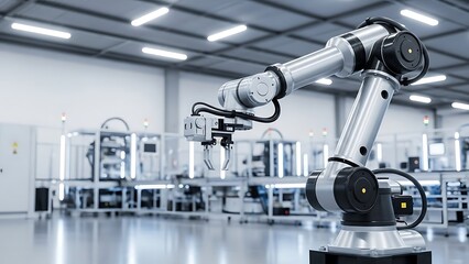 Fototapeta premium Industrial robotic arm working in factory setting. This image captures the essence of automated manufacturing processes, where technology and industry merge
