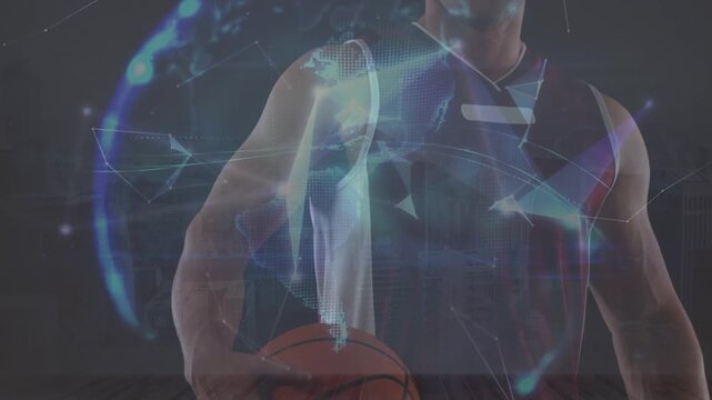 Animation of caucasian basketball player and digital lines and dots forming globe and cityscape