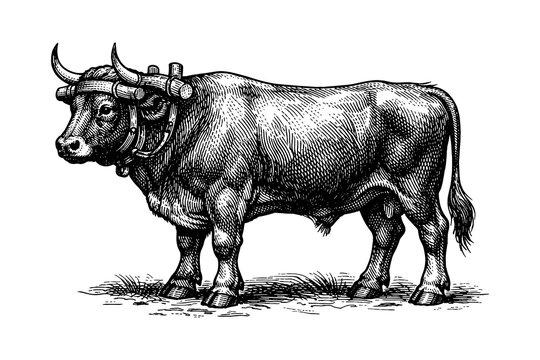 Vintage engraving of an ox with wooden yoke and detailed shading