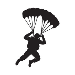Silhouette Skydiver With Parachute Descending In Free fall Over White Background