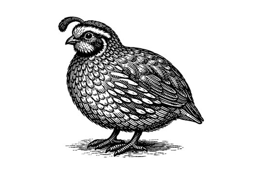 Intricate black and white engraving of a quail in vintage style