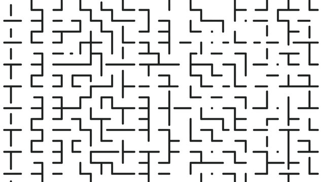 Abstract pattern of black geometric lines on white background creates visual effect similar to a maze or circuit board.