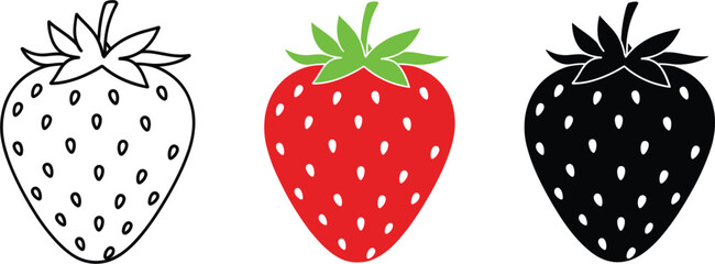 Set of three strawberry icons featuring black line art style flat red color design and solid black silhouette for organic food and fruit branding. © Sagor