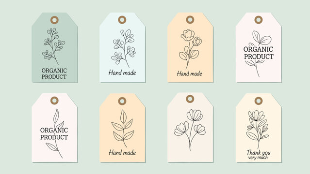 Set of eco-friendly gift tags in pastel colors with botanical sketches and text for organic products and handmade items.