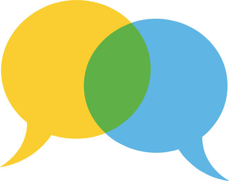 Two overlapping speech bubbles in yellow and blue colors creating green intersection for communication dialogue and creative brainstorming concept vector illustration.