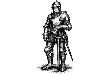 Fototapeta premium Medieval knight in detailed armor with sword standing on guard