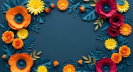 Obraz premium Vibrant floral border with colorful flowers and leaves on dark blue background for decoration and design